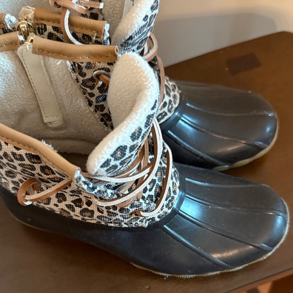Sperry Leopard Print Duck Boots with Black Rubber Sole